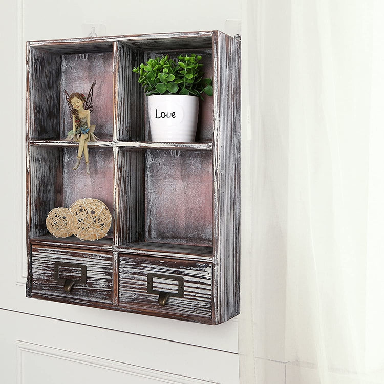 Torched Wood Wall Mounted Shadow Box with Cubby Shelving and 2 Drawers with Label Holders-MyGift