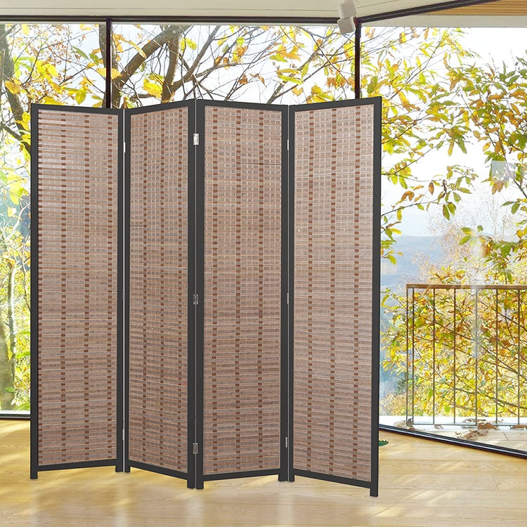 Decorative Openwork 4-Panel Bamboo & Black Wood Framed Folding Screen / Freestanding Room Divider-MyGift