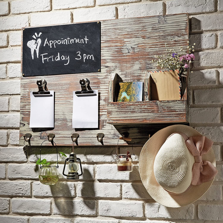 Wall Mounted Chalkboard with Memo Clips, Mail Sorter, and Key Hooks, Torched Wood Entryway Organizer-MyGift