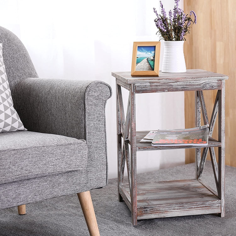 Torched Wood End Table with 2 Shelves-MyGift
