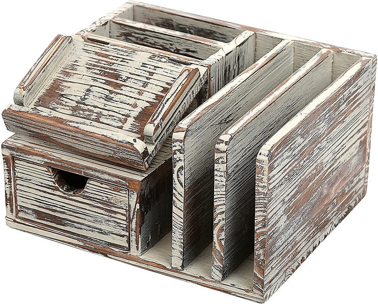 Torched Wood Desktop Office Organizer with Sticky Note Pad Holder, Mail Sorter and Pullout Drawer-MyGift