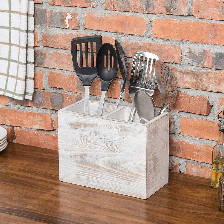 2-Compartment Whitewashed Wood Cooking Utensil Holder-MyGift