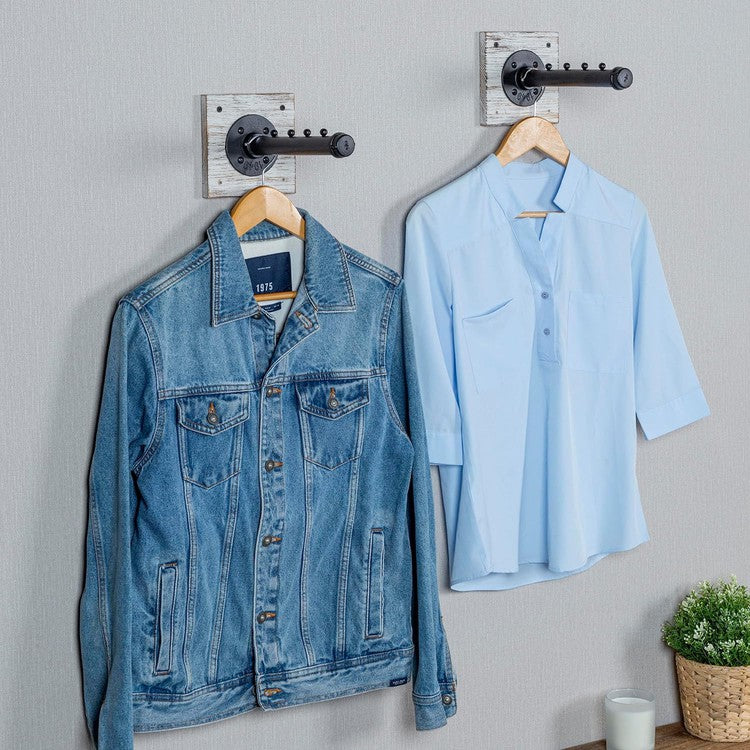 Set of 2, Wall Mounted Whitewashed Wood and Industrial Matte Black Metal Pipe Bar, Hanger Rack with Hanging Hooks-MyGift