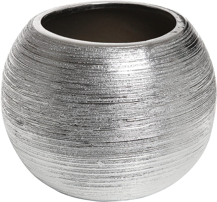 7-Inch Round Modern Silver-Tone Metallic Ceramic Planter Pot, Decorative Bowl Vase-MyGift