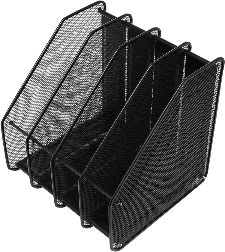 4 Compartment, Black Metal Mesh Document and File Organizer Rack, Heavy Duty Magazine Holder-MyGift