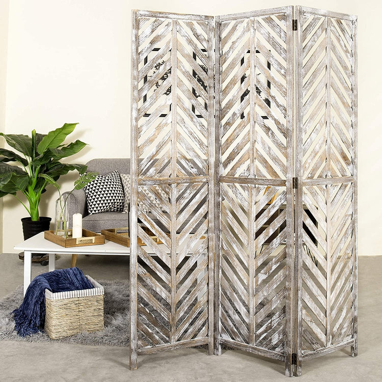 3-Panel Solid Whitewashed Wood Folding Aloha Room Divider-MyGift