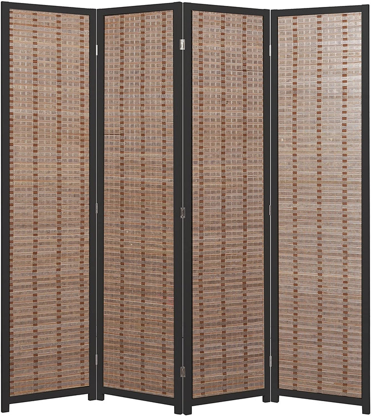 Decorative Openwork 4-Panel Bamboo & Black Wood Framed Folding Screen / Freestanding Room Divider-MyGift