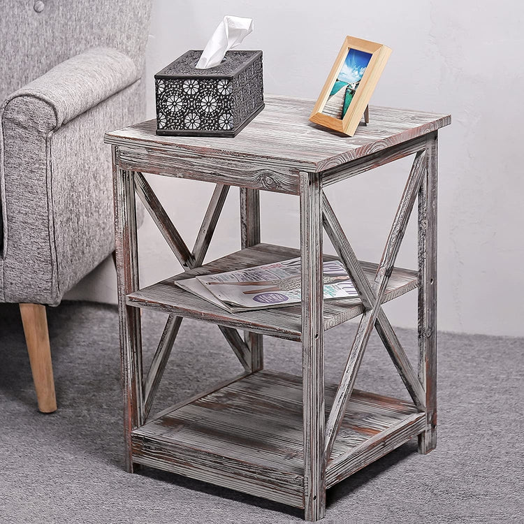 Torched Wood End Table with 2 Shelves-MyGift