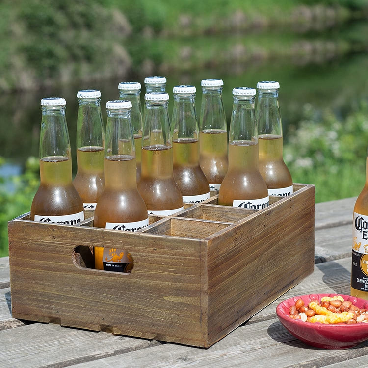 Rustic 12 Slot Beer Bottle Serving Crate, Brown Wood Beer Storage Box with Carrying Handles-MyGift