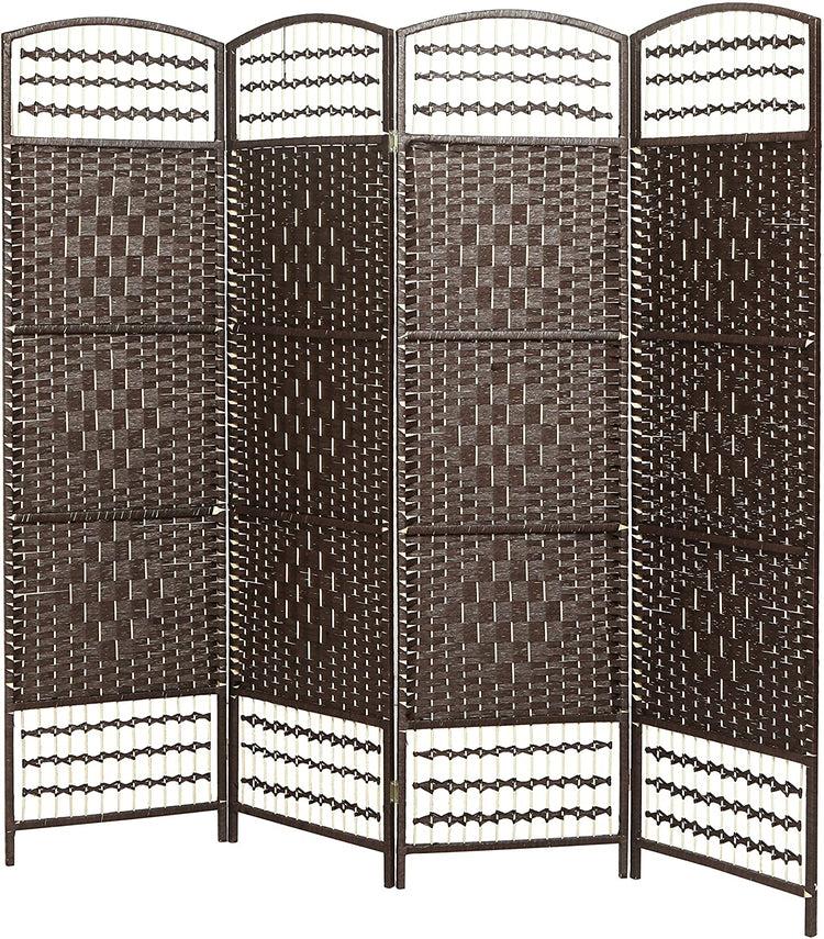 Brown Wood Frame, 4 Panel Woven Design Room Divider, Privacy Screen-MyGift