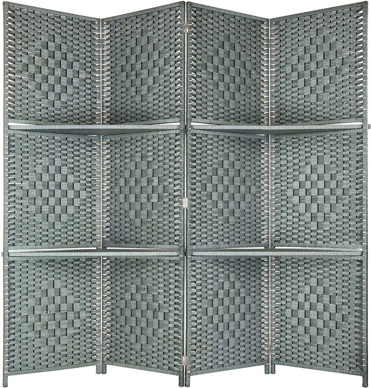 6-Foot Gray Bamboo Woven 4-Panel Room Divider with 2 Shelves-MyGift