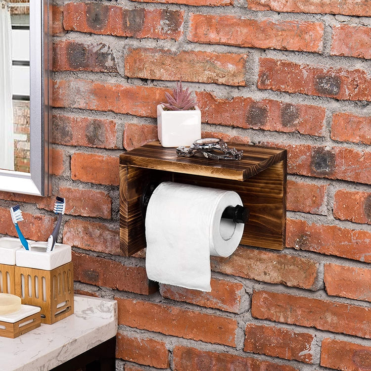 Dark Brown, Wall Mounted Wood and Pipe Toilet Paper Holder and Shelf-MyGift