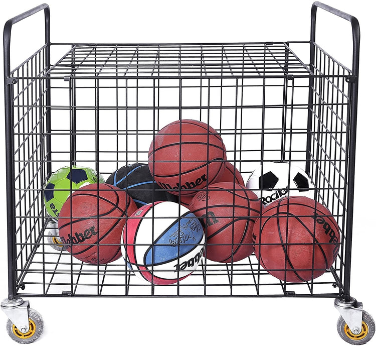 Black Metal Rolling Multi Sports Ball Storage Hopper & Basketball, Football, Soccer Equipment Cart-MyGift