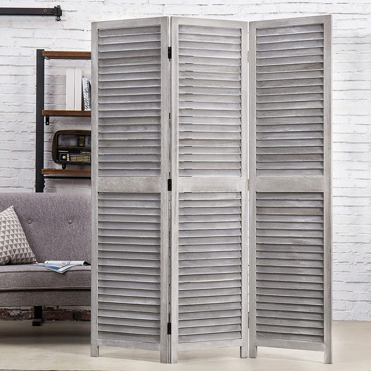 Distressed Grey Wood Louvered Room Divider w/3-Panels-MyGift