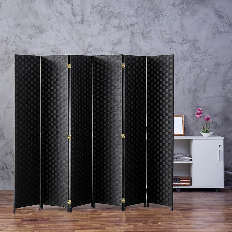 6-Foot Black Woven Paper Rattan 6-Panel Room Divider with Two-Way Hinges