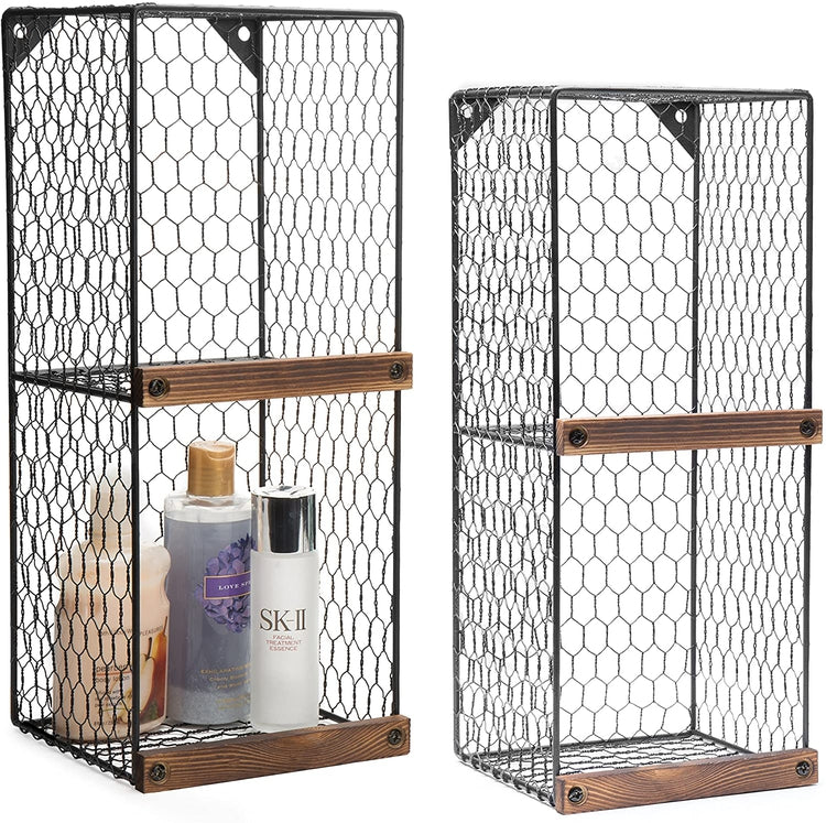 Set of 2, 2-Tier Black Chicken Wire Metal Hanging Wall Shelves for Storage with Wood Ledges, Freestanding Basket Bins-MyGift