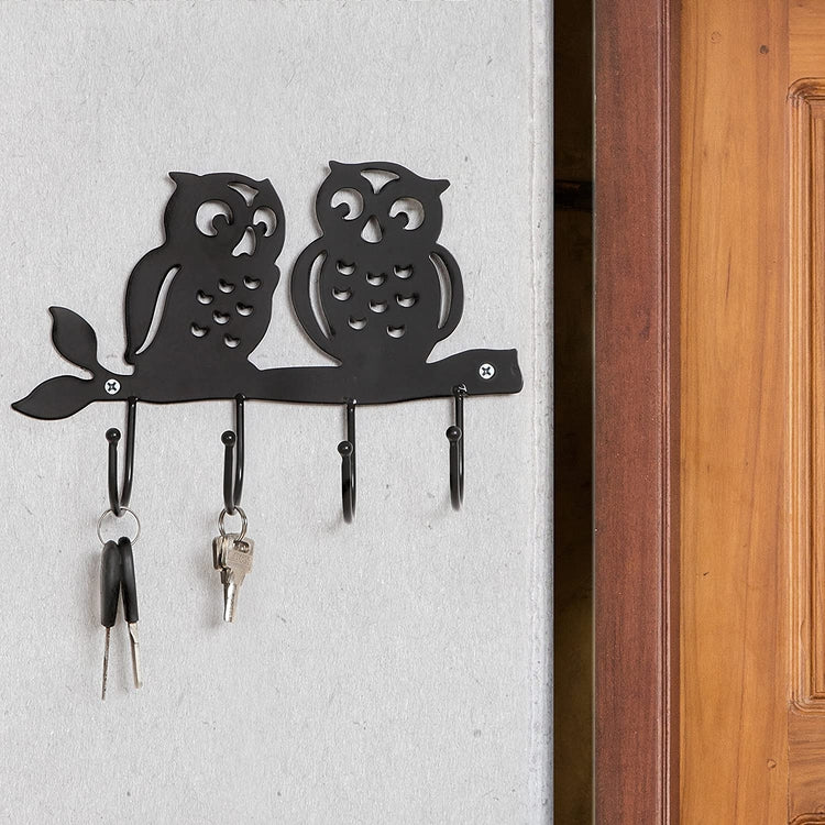 Decorative Owl Design Black Metal 4 Key Hook Rack, Wall Mounted Hanging Storage Organizer-MyGift