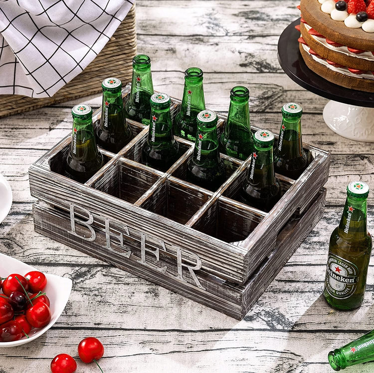 12 Slot Torched Wood Beer Bottle Crate, Beverage Carrier Caddy with Side Handles-MyGift