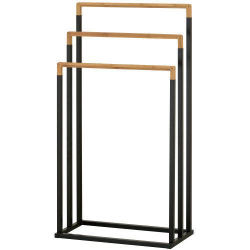 Freestanding 3-Tier Black Metal and Bamboo Towel Rack-MyGift