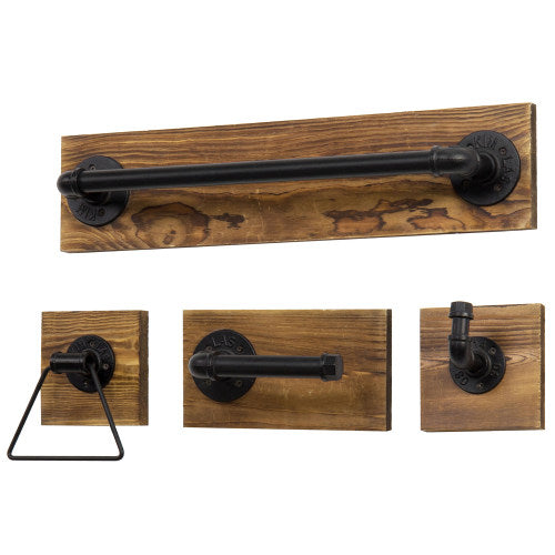 4-Piece Dark Brown Wood & Metal Pipe Bathroom Set-MyGift