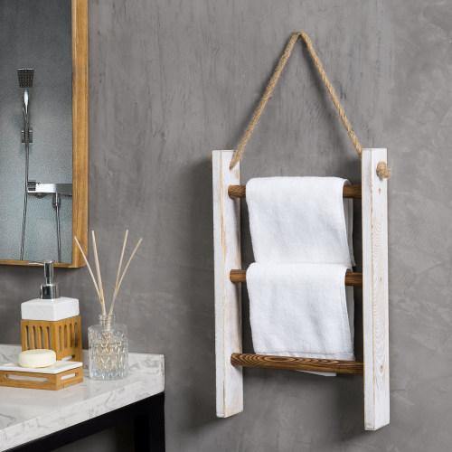 Whitewashed and Burnt Brown Wood Hanging Hand Towel Ladder - MyGift