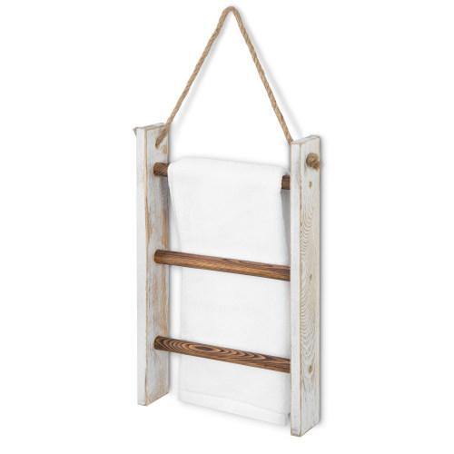 Whitewashed and Burnt Brown Wood Hanging Hand Towel Ladder - MyGift