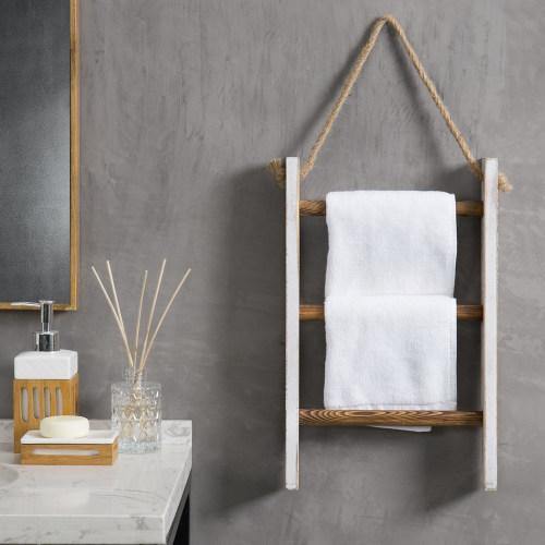 Whitewashed and Burnt Brown Wood Hanging Hand Towel Ladder - MyGift