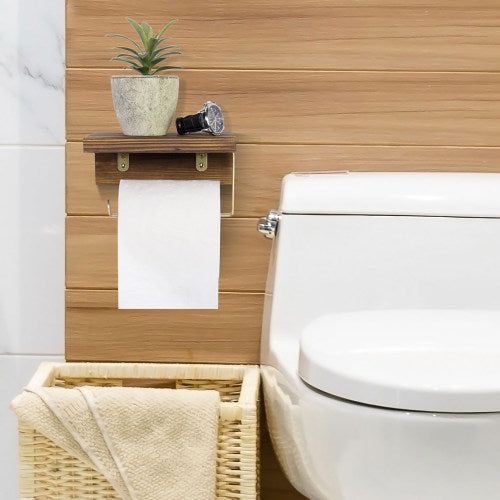 Burnt Dark Brown Wood and Brass Metal Toilet Paper Holder w/ Shelf-MyGift