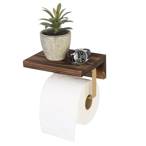 Burnt Dark Brown Wood & Brass Metal Toilet Paper Holder w/ Shelf