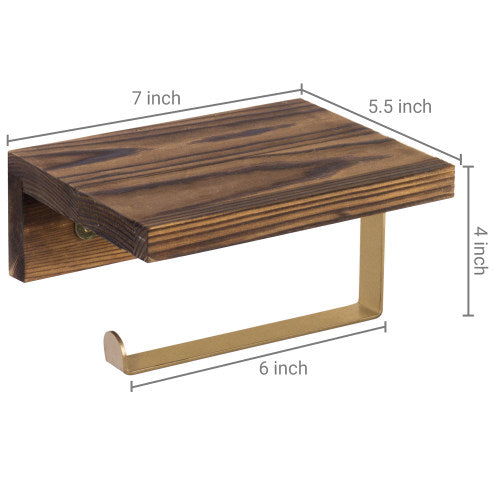 Burnt Dark Brown Wood and Brass Metal Toilet Paper Holder w/ Shelf-MyGift