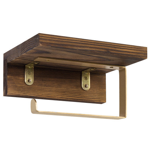 Burnt Dark Brown Wood and Brass Metal Toilet Paper Holder w/ Shelf-MyGift