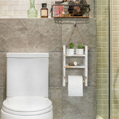 Whitewashed Wood Ladder Style Shelf w/ Toilet Paper Holder-MyGift