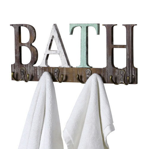 Multicolored Torched Wood Towel Rack w/ Cutout Letters BATH-MyGift