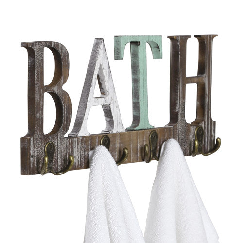 Multicolored Torched Wood Towel Rack w/ Cutout Letters BATH-MyGift