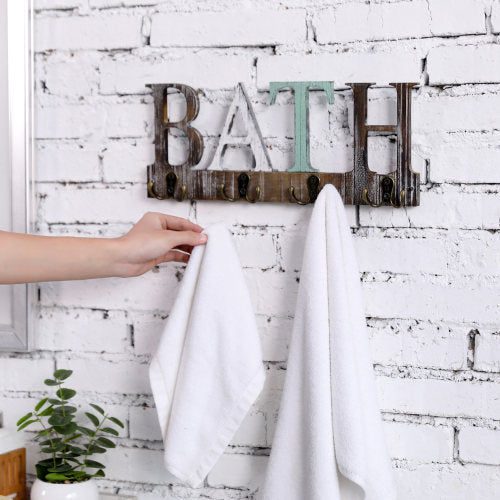 Multicolored Torched Wood Towel Rack w/ Cutout Letters BATH-MyGift