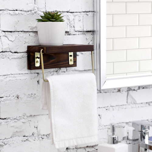Brass Tone Metal & Dark Brown Burnt Wood Towel Holder w/ Storage Shelf-MyGift