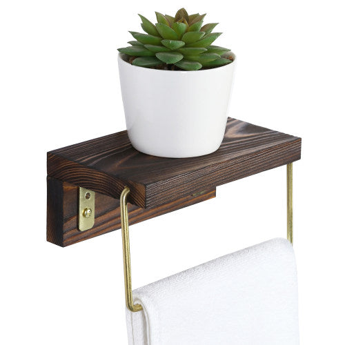 Brass Tone Metal & Dark Brown Burnt Wood Towel Holder w/ Storage Shelf-MyGift