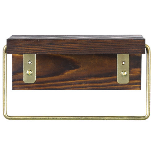 Brass Tone Metal & Dark Brown Burnt Wood Towel Holder w/ Storage Shelf-MyGift