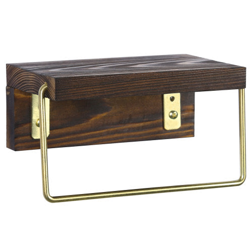 Brass Tone Metal & Dark Brown Burnt Wood Towel Holder w/ Storage Shelf-MyGift