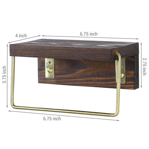 Brass Tone Metal & Dark Brown Burnt Wood Towel Holder w/ Storage Shelf-MyGift