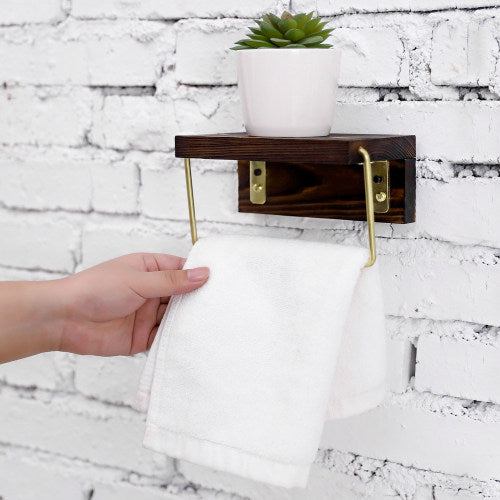Brass Tone Metal & Dark Brown Burnt Wood Towel Holder w/ Storage Shelf-MyGift