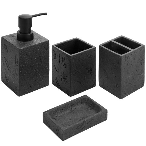 Black Textured Bathroom Accessory Set w/ Pump Dispenser, Toothbrush Holder, Tumbler & Soap Dish-MyGift