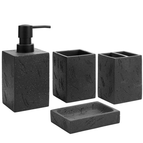 Black Textured Bathroom Accessory Set w/ Pump Dispenser, Toothbrush Holder, Tumbler & Soap Dish-MyGift
