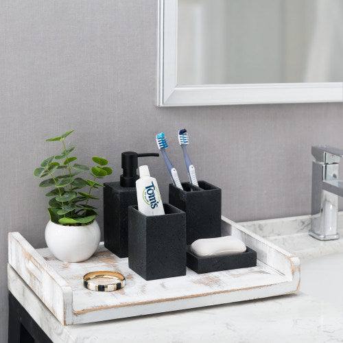 Black Textured Bathroom Accessory Set w/ Pump Dispenser, Toothbrush Holder, Tumbler & Soap Dish-MyGift