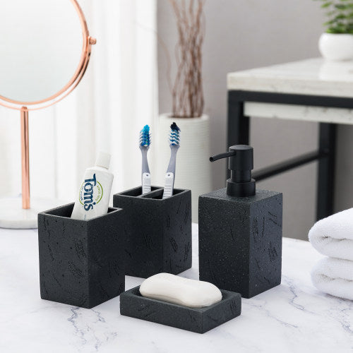 Black Textured Bathroom Accessory Set w/ Pump Dispenser, Toothbrush Holder, Tumbler & Soap Dish-MyGift