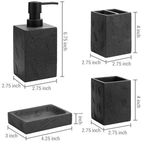 Black Textured Bathroom Accessory Set w/ Pump Dispenser, Toothbrush Holder, Tumbler & Soap Dish-MyGift