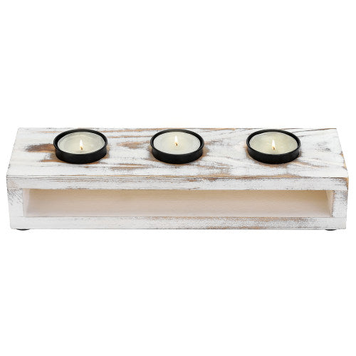 White Washed Wood & Black Metal Tealight Holder Tray-MyGift