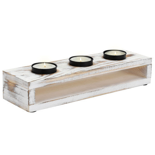 White Washed Wood & Black Metal Tealight Holder Tray-MyGift