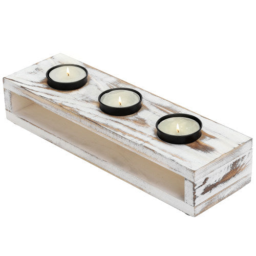White Washed Wood & Black Metal Tealight Holder Tray-MyGift