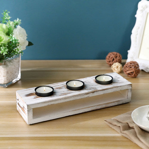 White Washed Wood & Black Metal Tealight Holder Tray-MyGift